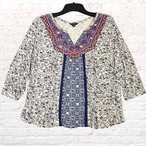 Lucky Brand Boho Floral Peasant Top Long Sleeve Size 2XL Embroidered Cottagecore